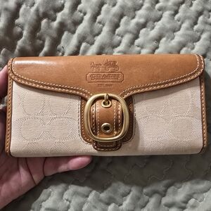 Coach Legacy Tan Leather Trim & Cream Signature Buckle Wallet w/Sky Blue Leather